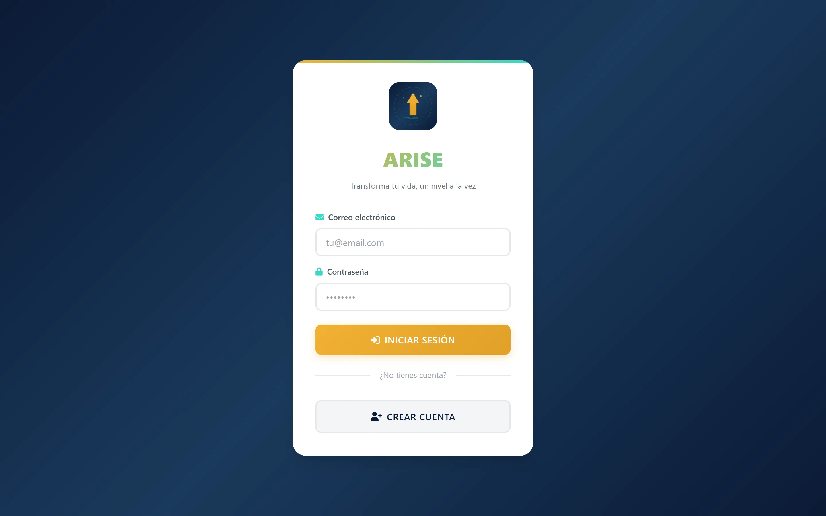 Pantalla de acceso de Arise, app de productividad gamificada