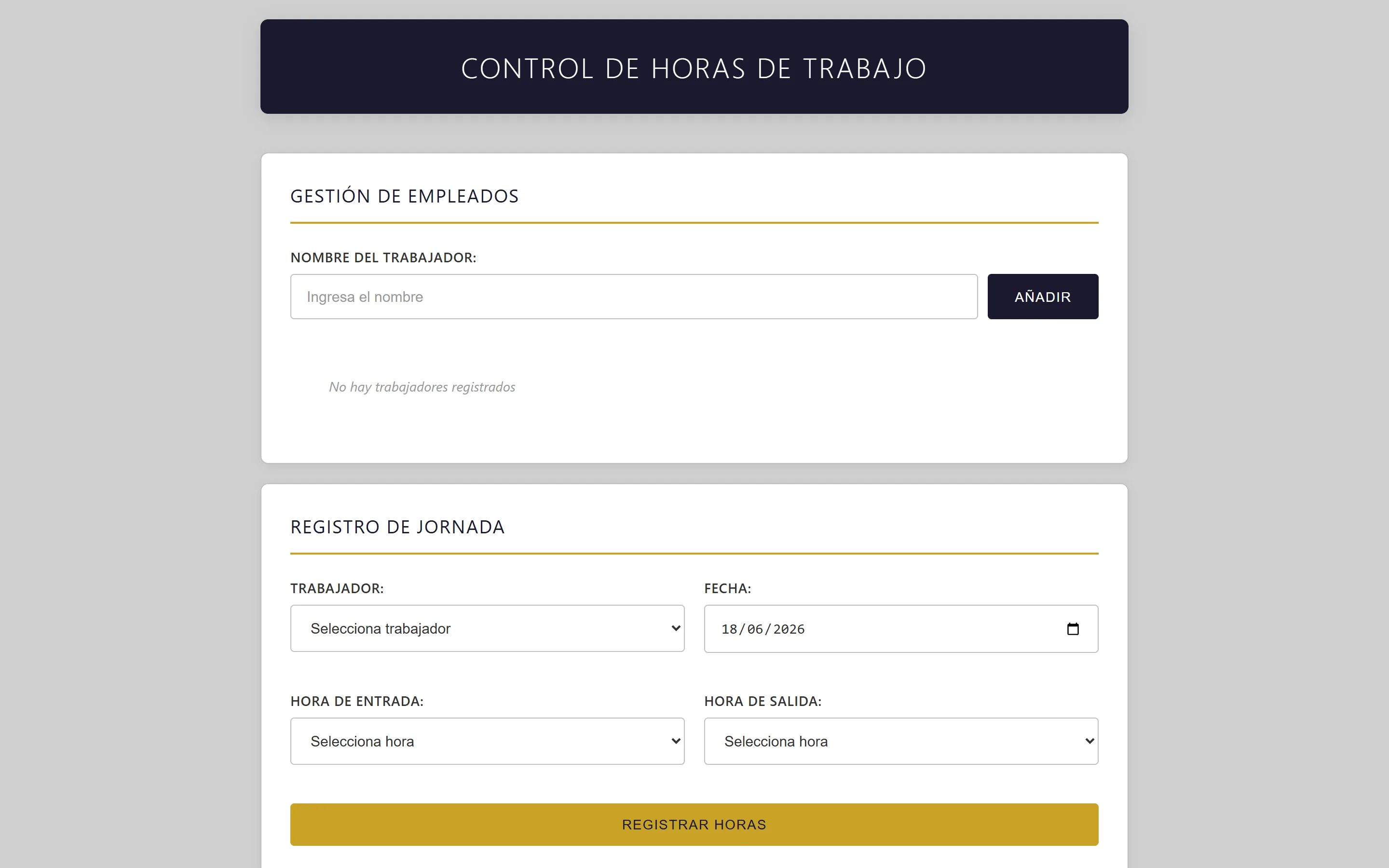 Panel de Control de Horas de Trabajo para gestionar empleados y jornadas