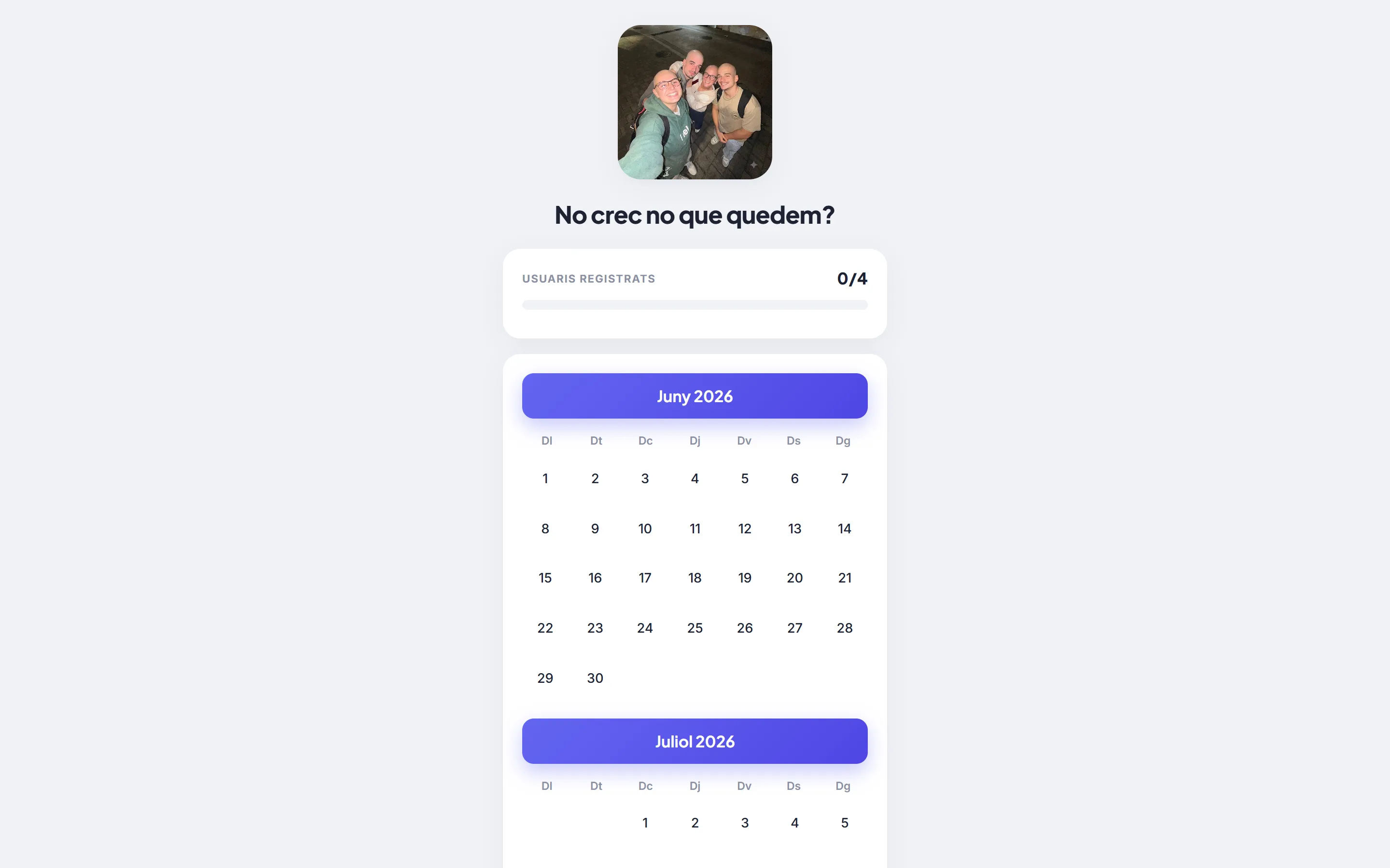 Calendario compartido de la app Quedar para coordinar fechas