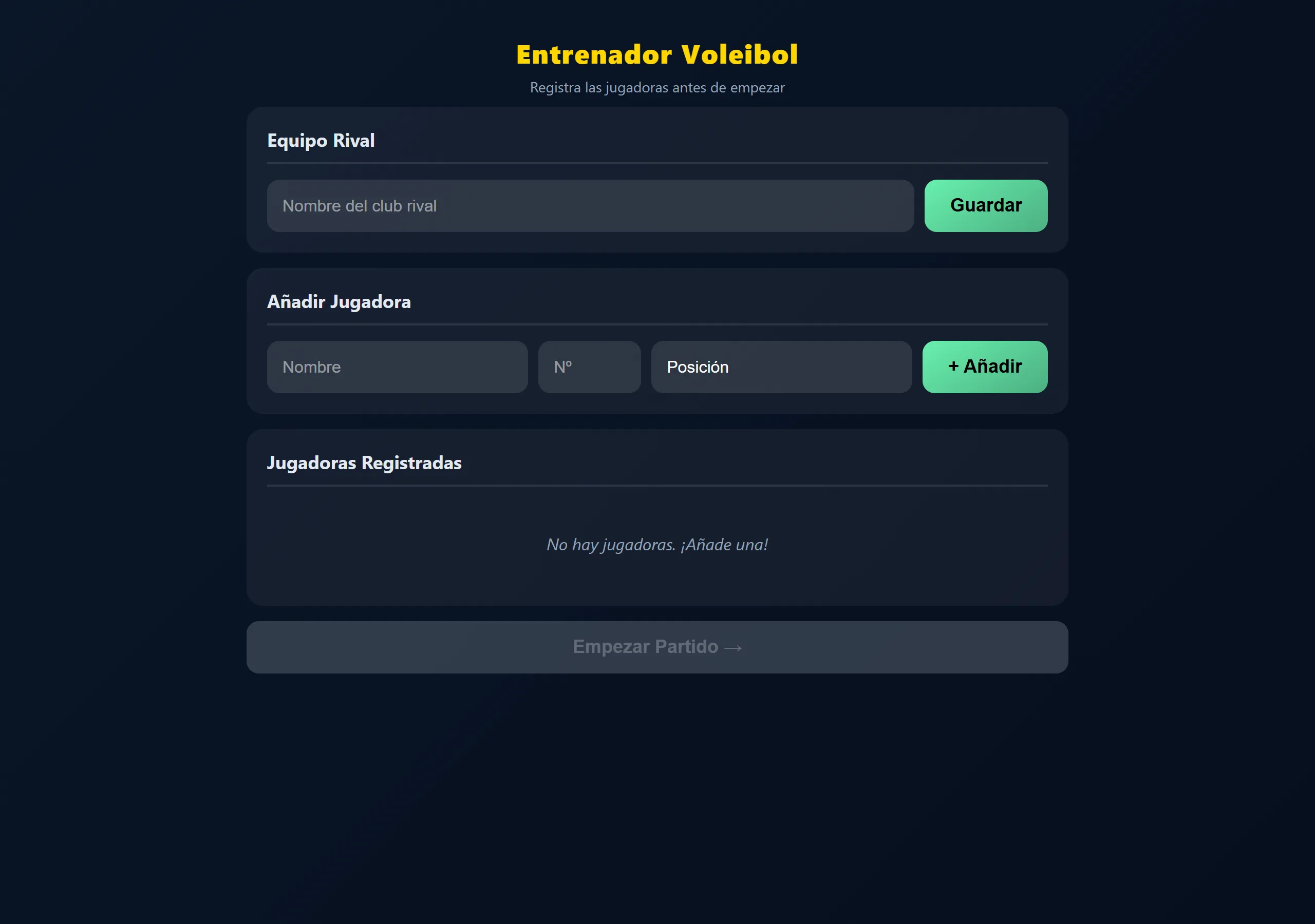Pantalla de la app Entrenador Voleibol para registrar jugadoras y estadísticas